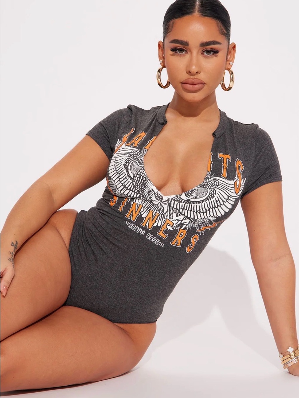 Fashion Nova Graphic Deep-V Charcoal Short Sleeve Bodysuit